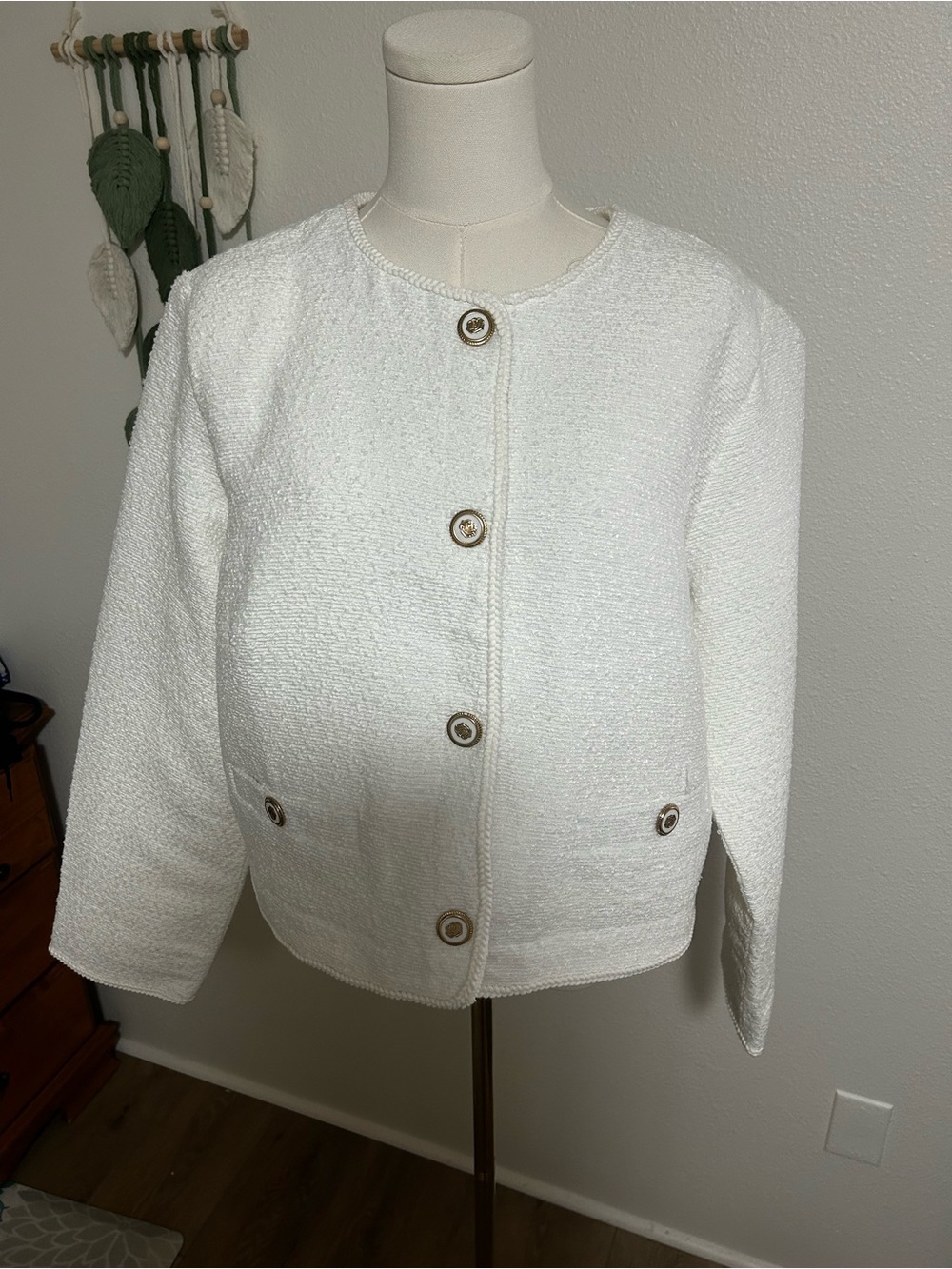 Women's White Bouclé Button-Front Jacket